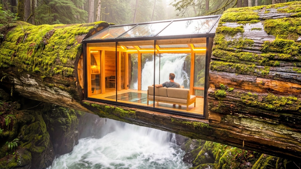 Building a Hidden Room Inside a Tree Trunk Above a Waterfall (ASMR)