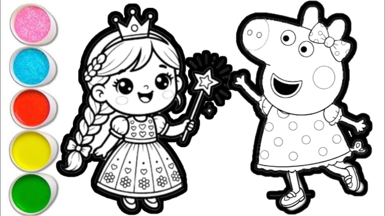 Drawing Princess Papi Peppa pig with princess drawing and coloring for kids and toddlers ...