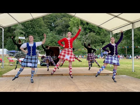 Highland Fling Scottish dance competition during 2023 Drumtochty Highland Games in Scotland