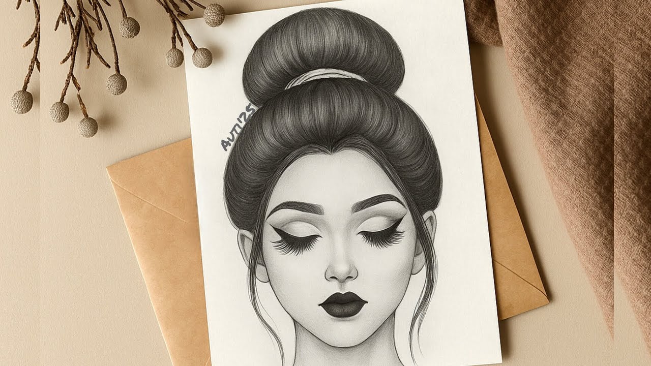 How to draw a girl with a Messy Bun Hair- step by step || Pencil Sketch ...