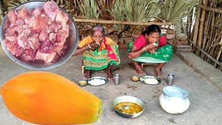 old grandmother cooking CHICKEN MEAT CURRY with RIPE PAPAYA and eating with hot rice.