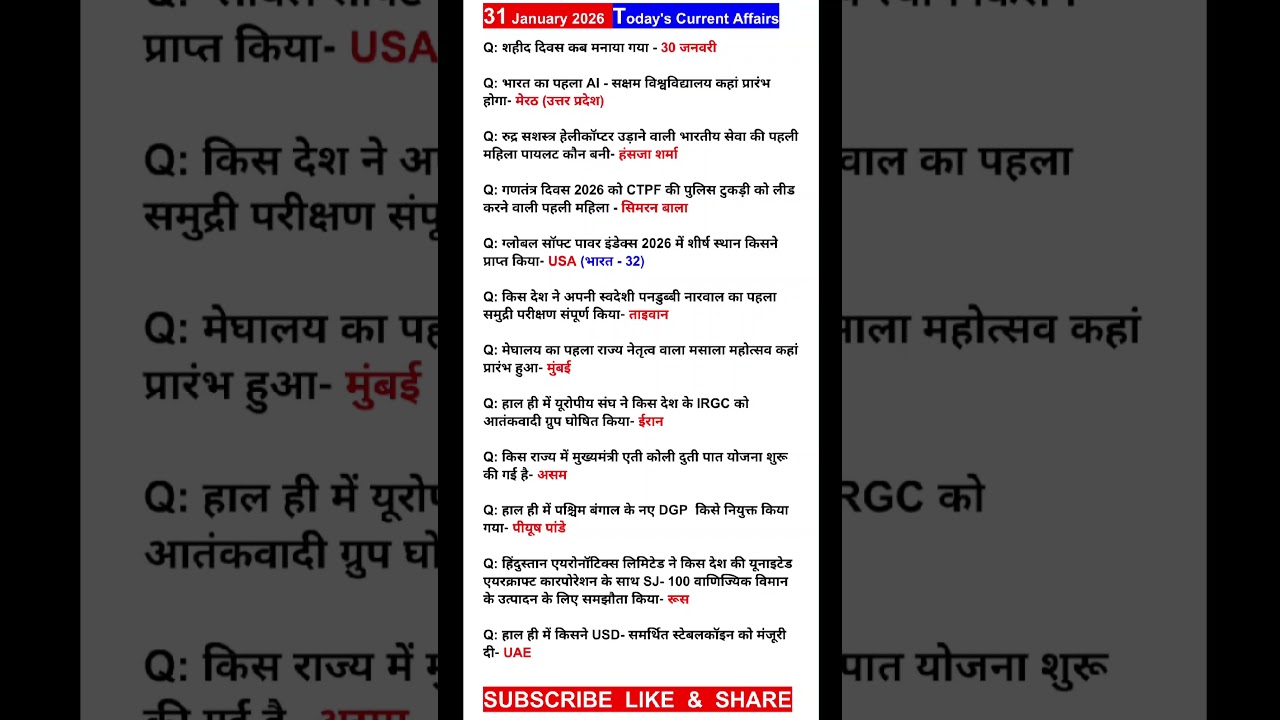 31 January 2026🧠 |“Today's Current Affairs | Stay Updated in 60 Sec!”