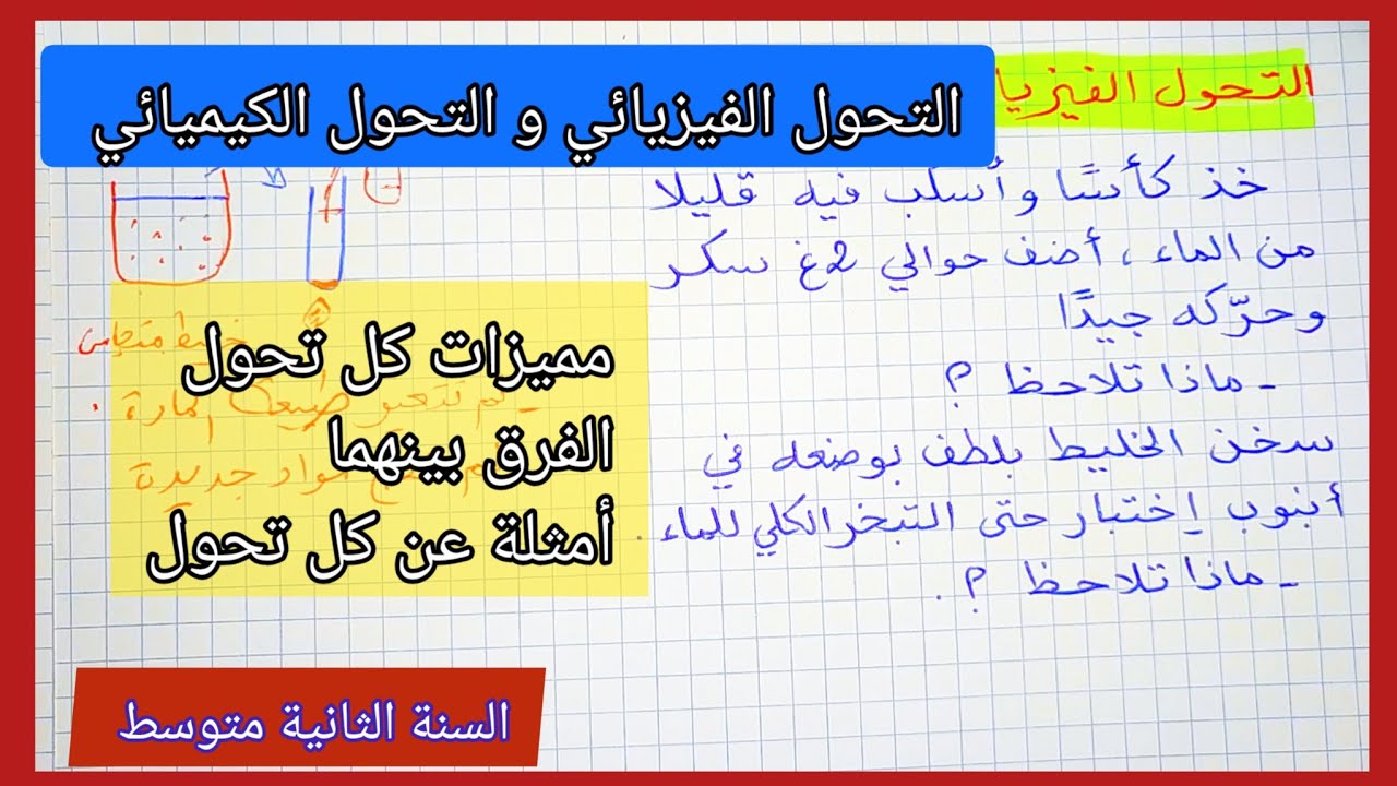 التحول الفيزيائي و التحول الكيميائي و مميزات كل تحول مع بعض الأمثلة علوم فيزيائية سنة ثانية متوسط