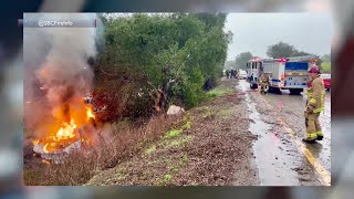 Three injured after car crashes into tree and catches fire on Highway 101