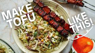 Buffalo Barbecue Tofu Skewers with Cabbage Salad (Perfect Summer Dinner)