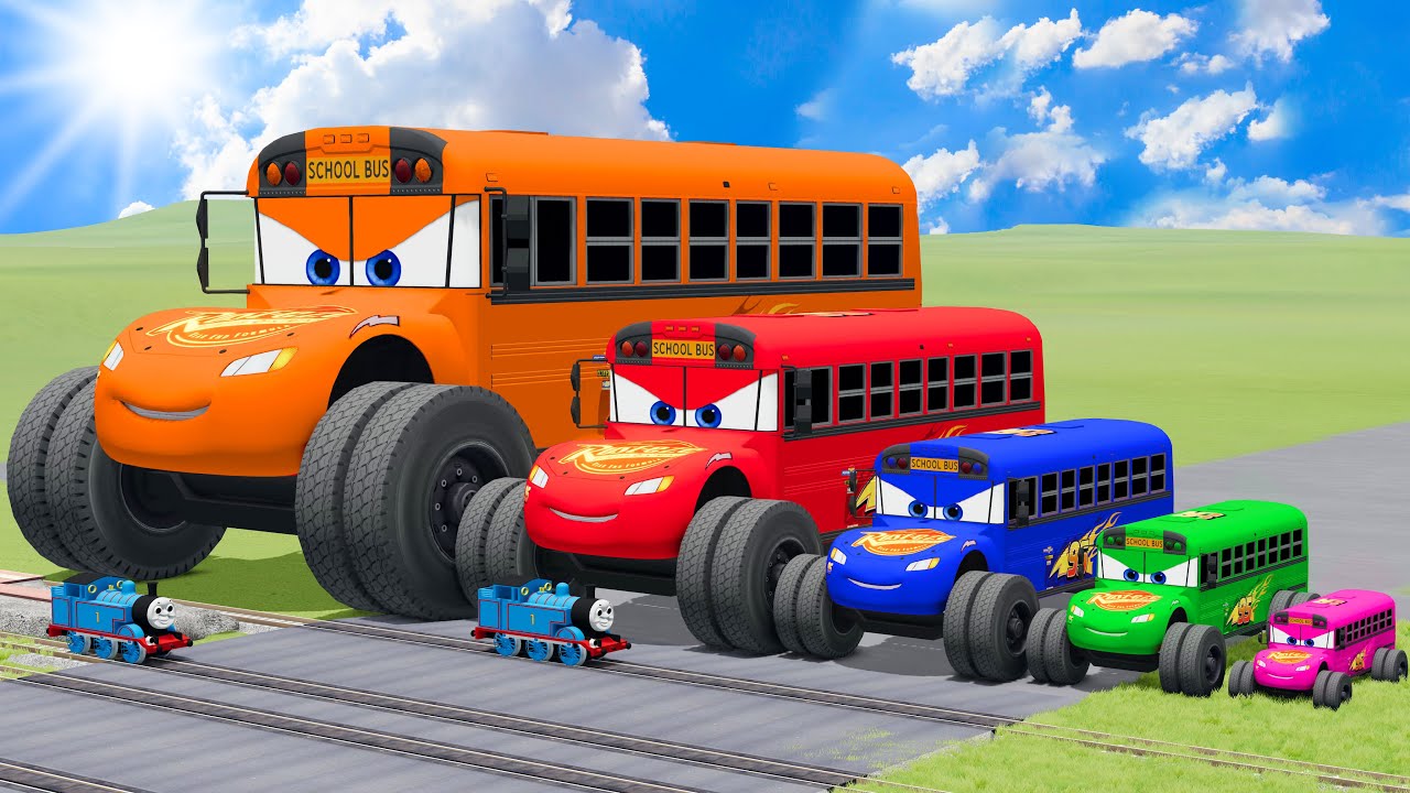 Big & Small Color School Bus Lightning Mcqueen vs Train Thomas | BeamNG.Drive