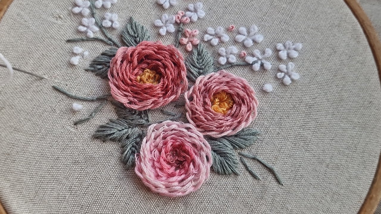 Bouquet of Roses - Flower Embroidery in detail - Rose Stem stitch - YouTube