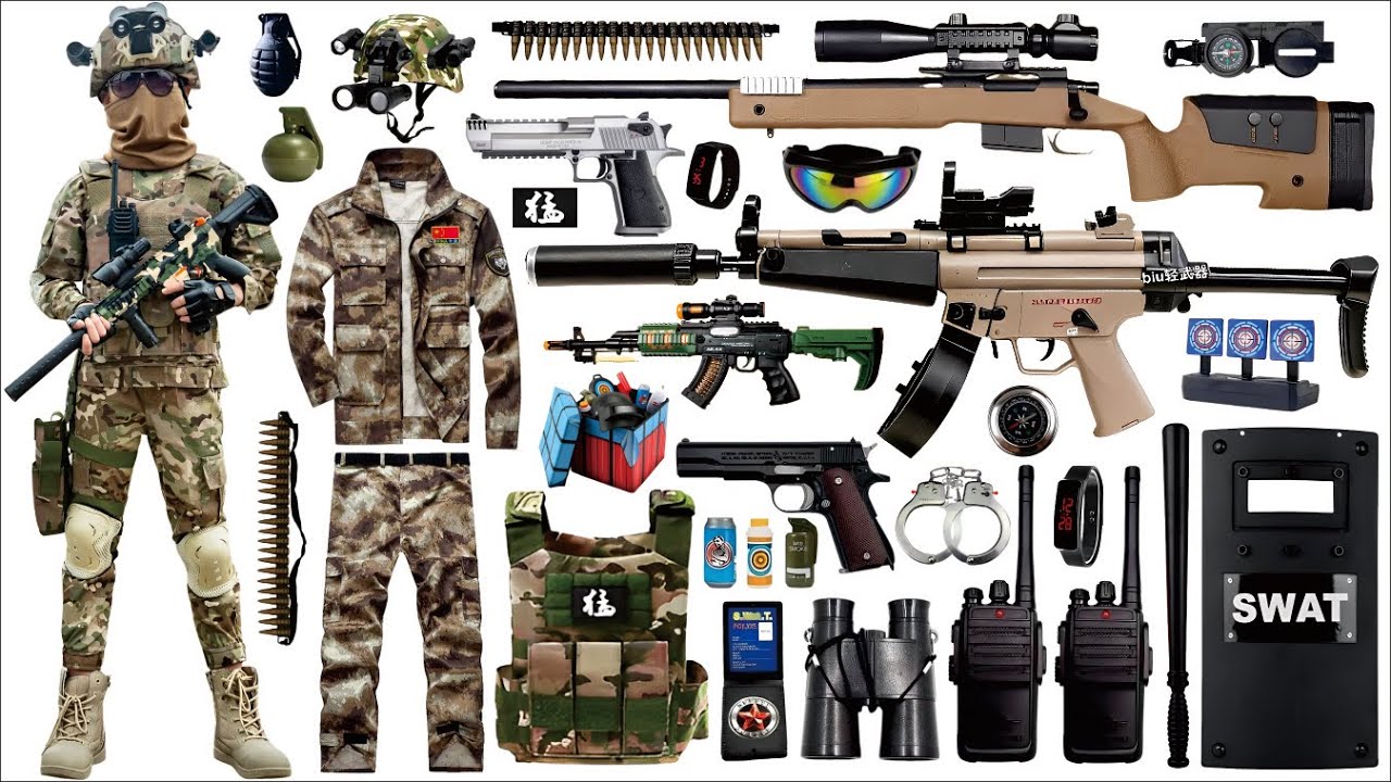 Unpack and collect toy guns, MP5 submachine guns, RPG rocket launchers,M4 carbines,Colt 1911 pistols