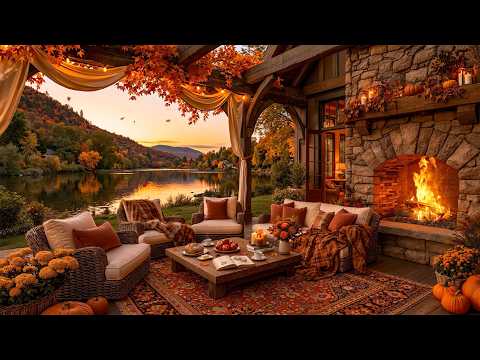 Peaceful Autumn by the Lake 🍂 Cozy Porch with Soft Jazz, Fireplace Sounds & Mountain Views to Unwind
