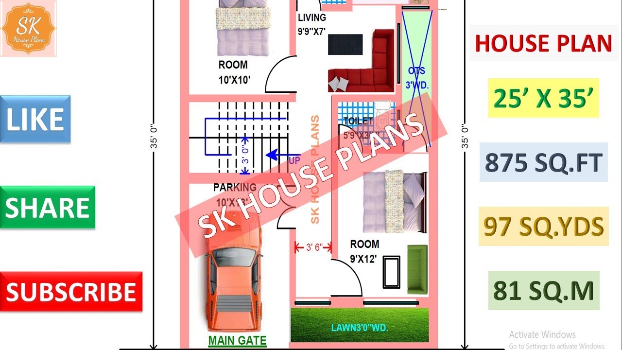 HOUSE PLAN 25' X 35' / 875 SQ.FT / 97 SQ.YDS / 81 SQ.M / WITH INTERIOR ...