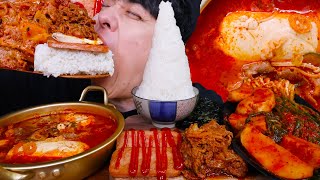 ASMR 얼큰한 차돌순두부찌개 &amp; 스팸구이 &amp; 제육볶음 &amp; 김치 &amp; 밥적당히 먹방  EVEREST MOUNTAIN RICE &amp; SPICY STEW &amp; KIMCHI MUKBANG