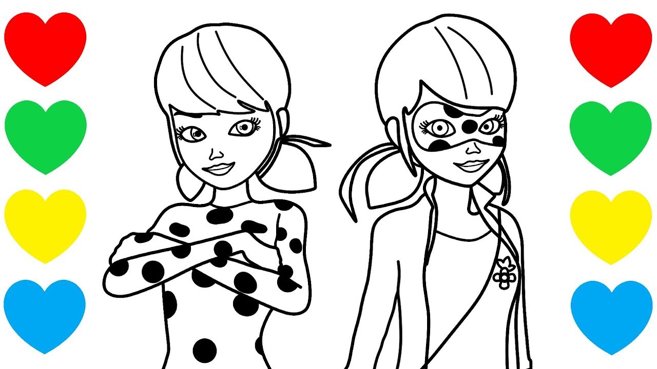 Miraculous LadyBug and Marinette Coloring for kids, Cat Noir & Mira...