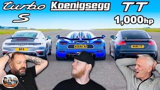 Koenigsegg v 1000hp Audi TT v Porsche 911 Turbo S: DRAG RACE REACTION | OFFICE BLOKES REACT!!