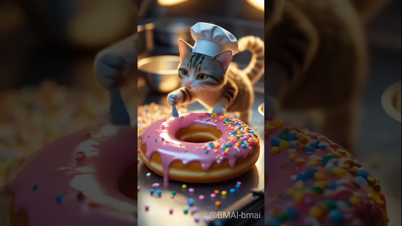 Tiny Cat Chef Frosts Giant Donut 🍩🐱 | 