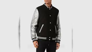 Philipp Plein Metallic Silver Leather College Bomber Varsity Jacket