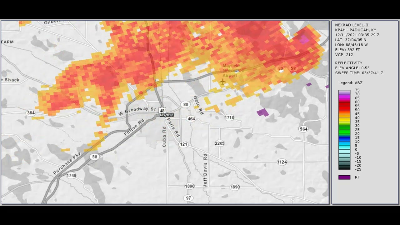 Doppler radar Mayfield Kentucky tornado All lower scans 40 dBZ filter