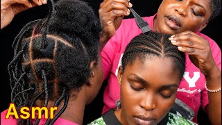 Asmr✨relaxing hair thread loosening, Attentive toothbrush scalp scratching on cornrow, scalp blowin 