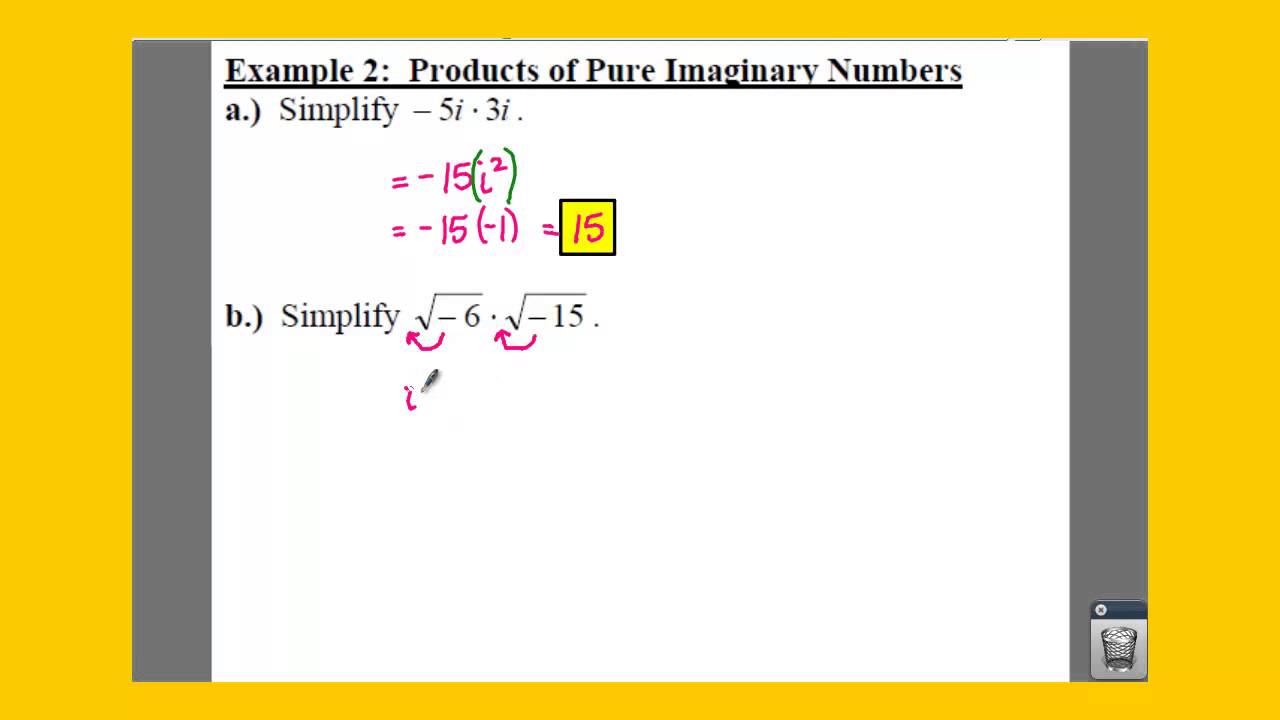 Algebra 2 4 4 Notes Example 2 Products Of Pure Imaginary Numbers YouTube