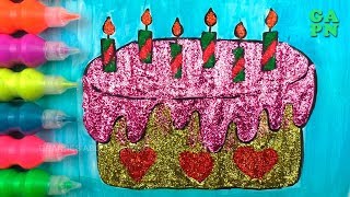 Cómo dibujar un pastel de cumpleaños con velas | Aprender Colores con pinturas de acuarela