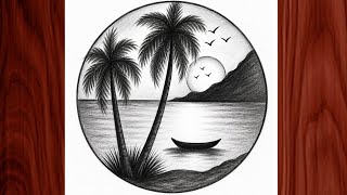 Easy Sunset Beach Scenery Drawing in Circle | Charcoal Pencil Sketch Step by Step for Beginners