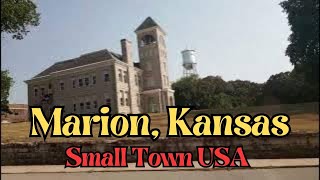Rural Small Town Marion, KS -American Flags Line Main St- Marion County Seat Courthouse #alongtheway