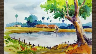 watercolour painting tutorial | landscape scenery with pond | landscape painting for beginners