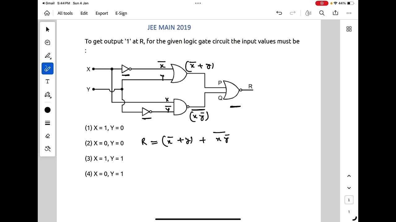 To get output '1' at R, for the given logic gate circuit the input values must be :