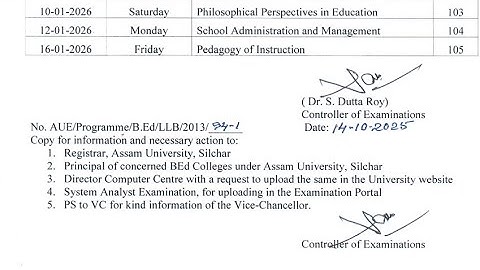 Exam routine for B ED first semester Assam University Silchar 2025 #official notification published