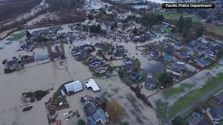 Drone footage shows broken levee aftermath in Washington