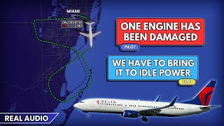 Damaged engine after bird strike. Delta Boeing 737 performs single engine landing at Miami. Real ATC