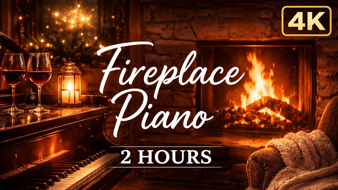 Fireplace Piano Ambience 🔥 Cozy Fire Crackling Sounds | 2 Hours | 4K