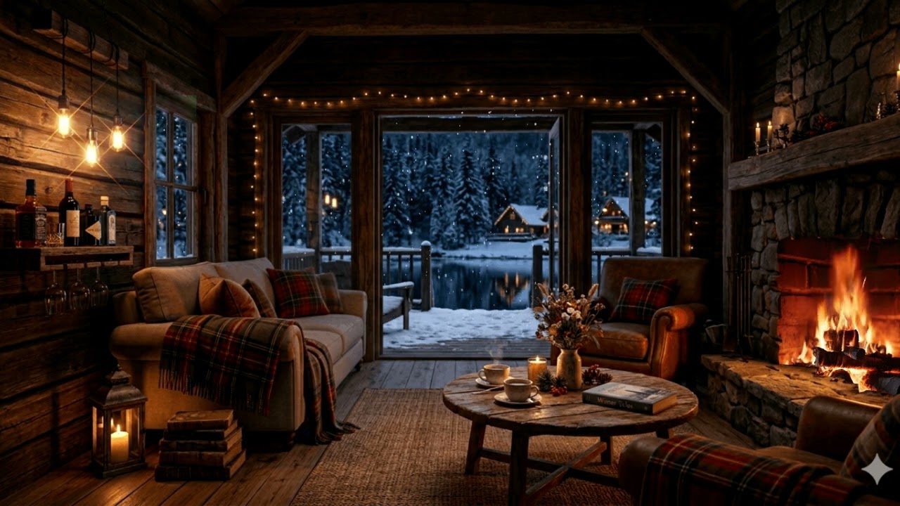 Lakeside Winter Café Vibes | Soft Jazz Music and Cozy Fireplace Atmosphere