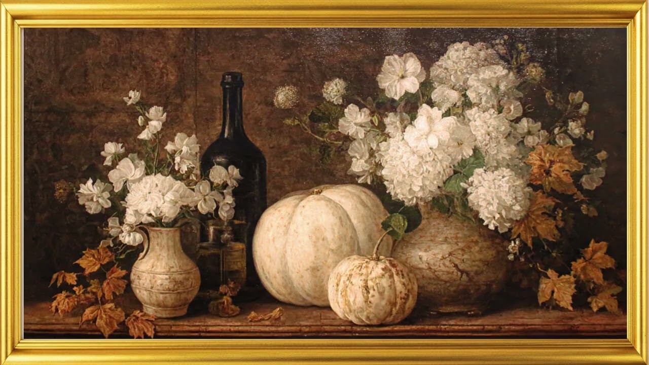 Autumn Composition  White Pumpkins, Flowers & Wine Bottle  Gold Frame Oil Painting  30 Min 4K TV Art