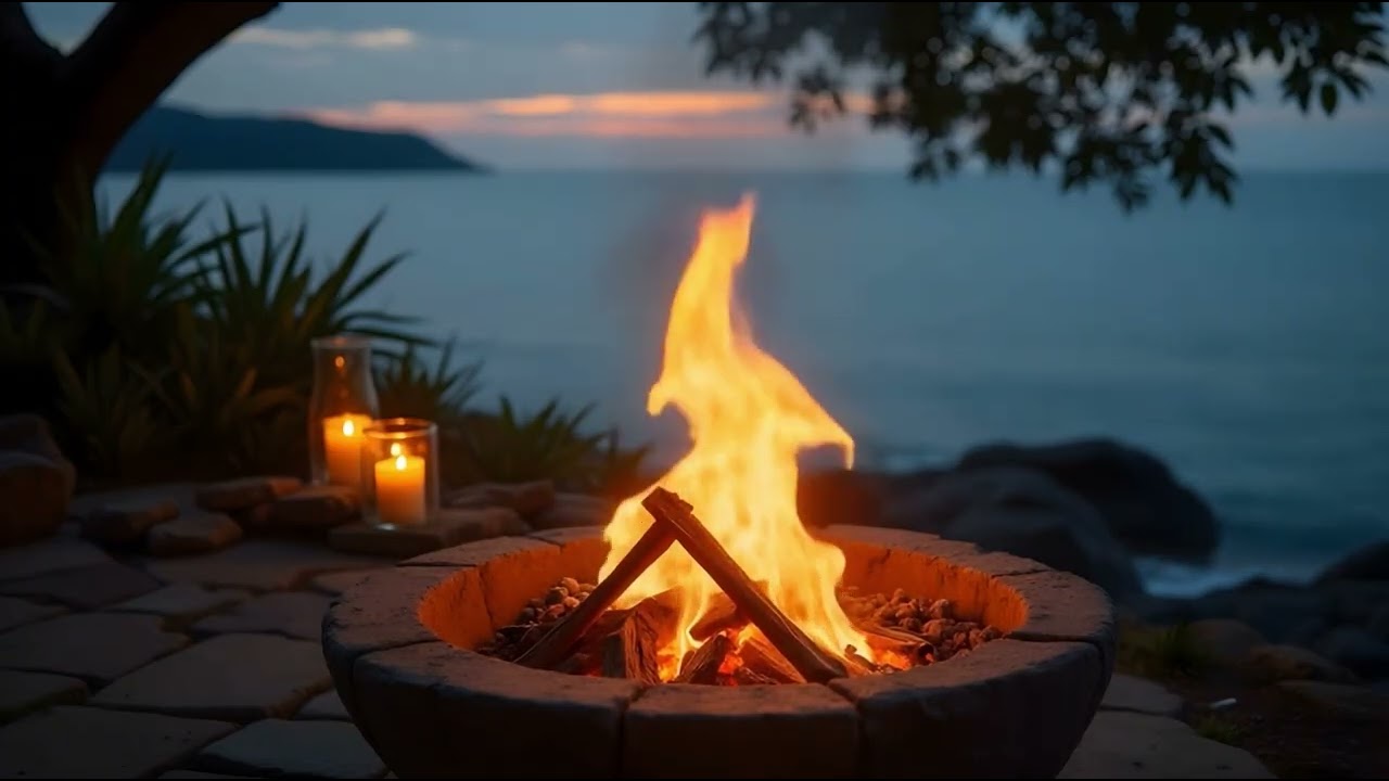 Fire Pit by the Sea| Ocean Waves & Fire Crackling Relaxing Ambience | Focus or Sleep (6 Hours)