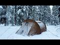 Ref:ONQFbGdoCuM Overnight winter hot tent camping in fresh snow