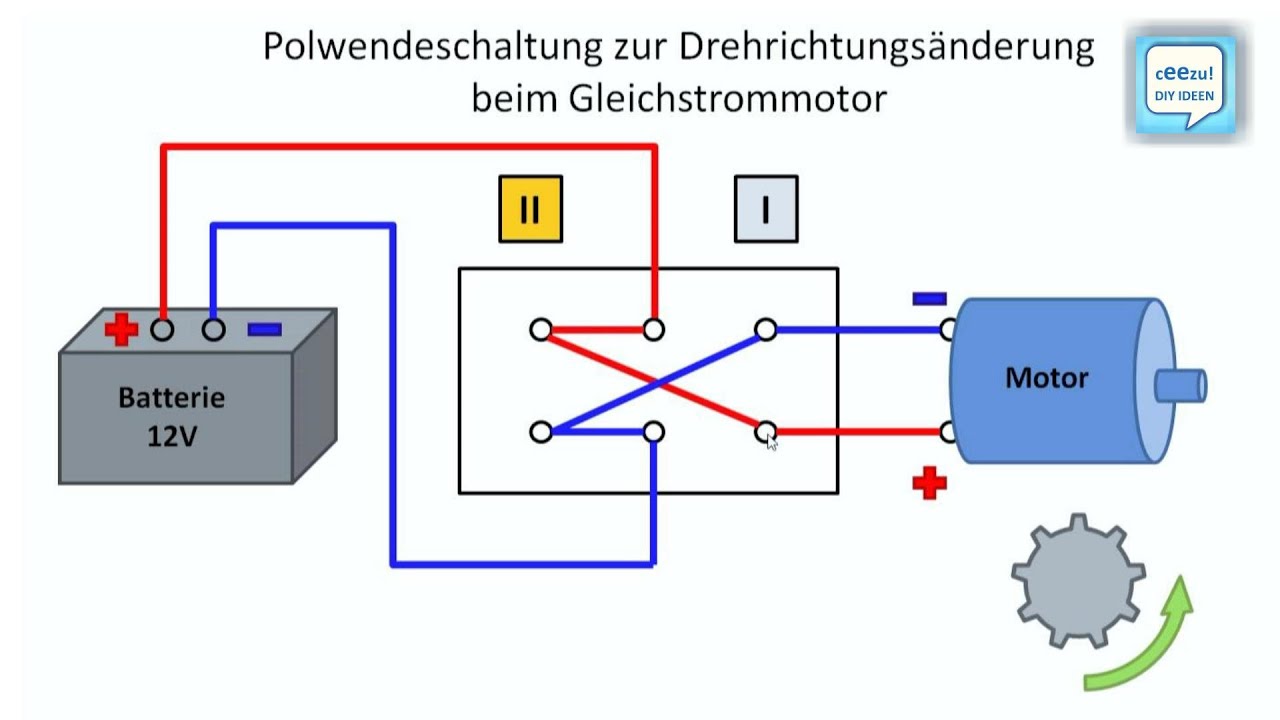 Polwechsel-Schaltung im Gleichstromkreis, Drehrichtung ändern / umkehren  beim Gleichstrom-Motor 