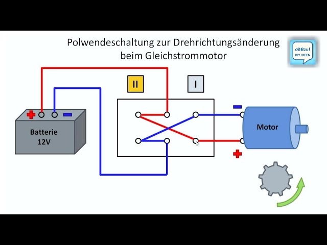 Polwechsel-Schaltung im Gleichstromkreis, Drehrichtung ändern / umkehren  beim Gleichstrom-Motor 