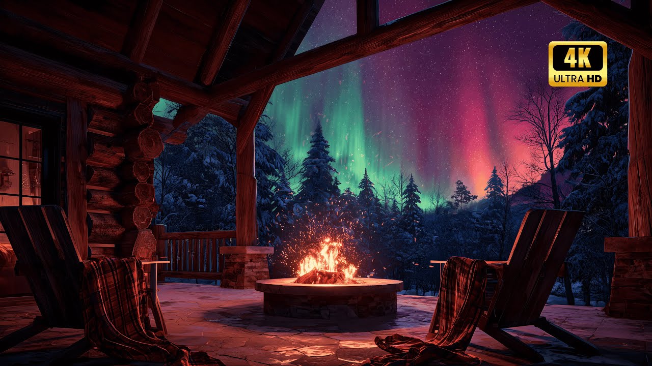 Winter Ambience with Crackling Fire & Wind Sounds ❄️ Aurora Borealis for Sleep & Relaxation
