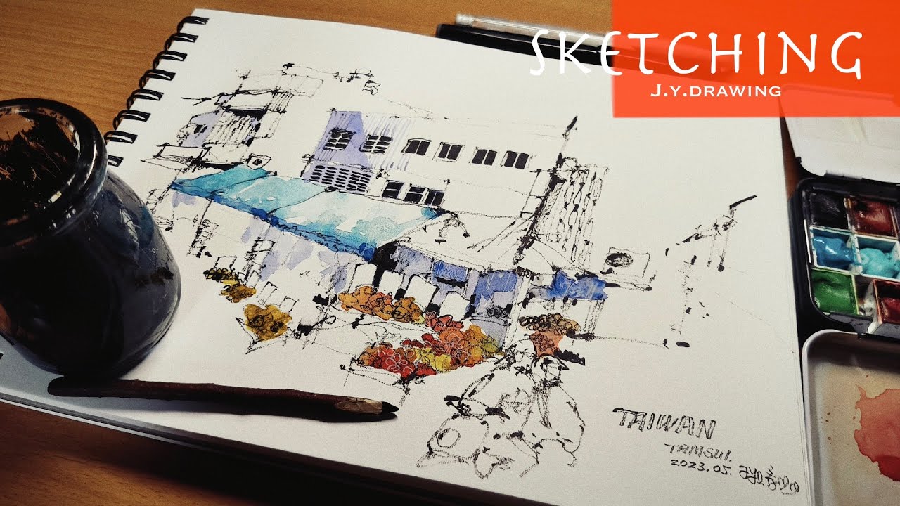 Urban Sketching Fruit Market Simple Watercolor Painting Drawing