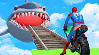 الرجل العنكبوت على مركبة النقل المؤتمتة - Spiderman on an Moto rides into bridge jaws a shark GTA 5 by HERO GAMES 70,991 views 1 year ago 9 minutes, 22 seconds