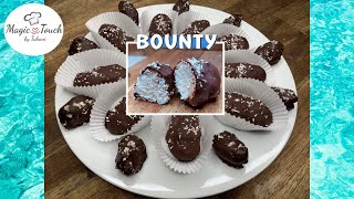 سلسلة حلويات سهلة وسريعة - باونتي جوز الهند بثلات مكونات  حلى التمر بالشوكولاته