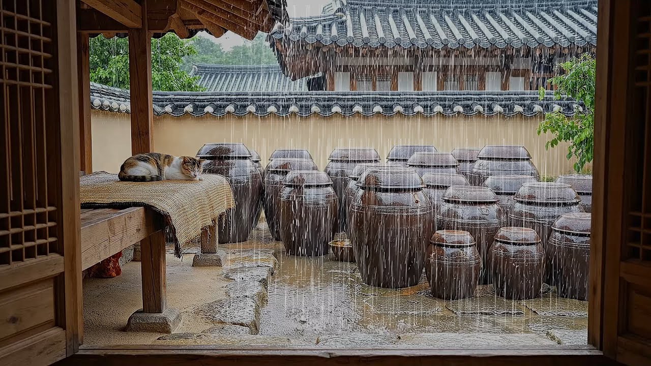 비 오는 날, 5분 후 고양이와 함께 편안하게 잠들다. 한국 한옥 마당의 빗소리