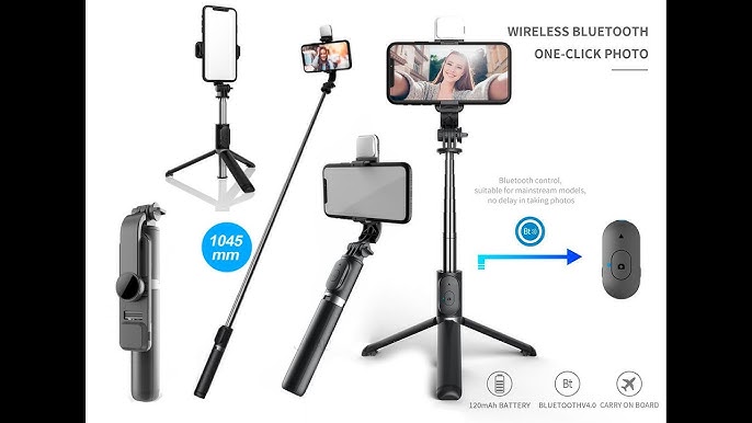 Plegado inalámbrico Selfie Stick Trípode Bluetooth Obturador remoto  Rellenar luz aleación de aluminio Selfie Stck