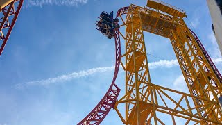 Riding Dare Devil Dive Roller Coaster! Beyond Vertical Drop! Six Flags Over Georgia 4K Onride POV