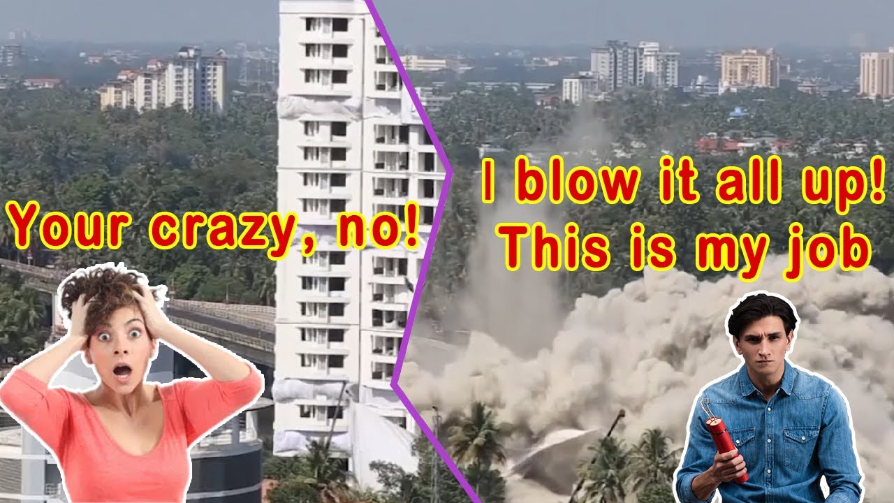 Epic explosion of buildings. Explosions, ruins and dust.