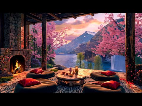 Soothing Jazz Piano Music on Cozy Terrace with Waterfall View & Fireplace Sounds in Spring Ambience