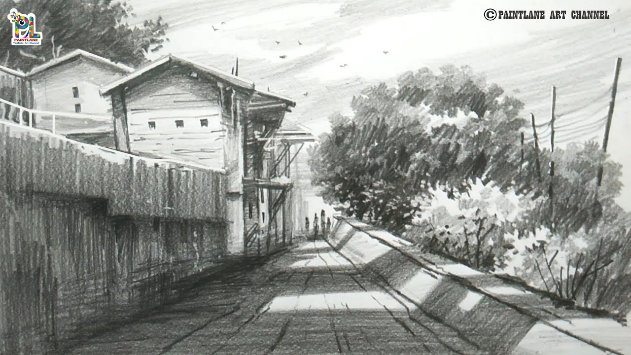 Pencil Drawing - Village Street, Circa 1930