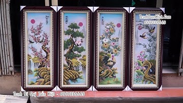 Tranh đá quý tứ quý đào tùng trúc cúc | Tranh treo phòng khách đẹp
