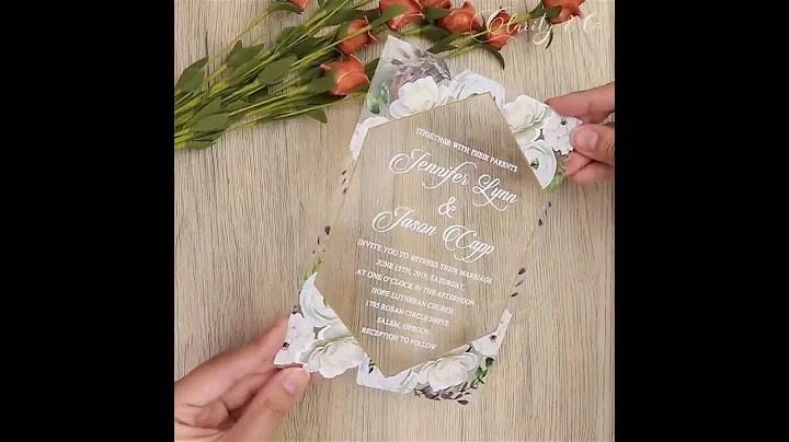 37. White floral border acrylic wedding invitation with vellum wrap for elegant wedding