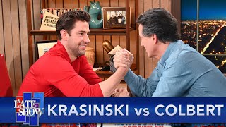 How Strong Is John Krasinski? Stephen Colbert Arm Wrestles Him To Find Out